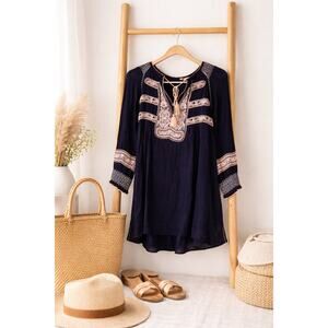 Free People Wind Willow Embroidered Mini Dress Black Boho V Neck Tassel Peasant